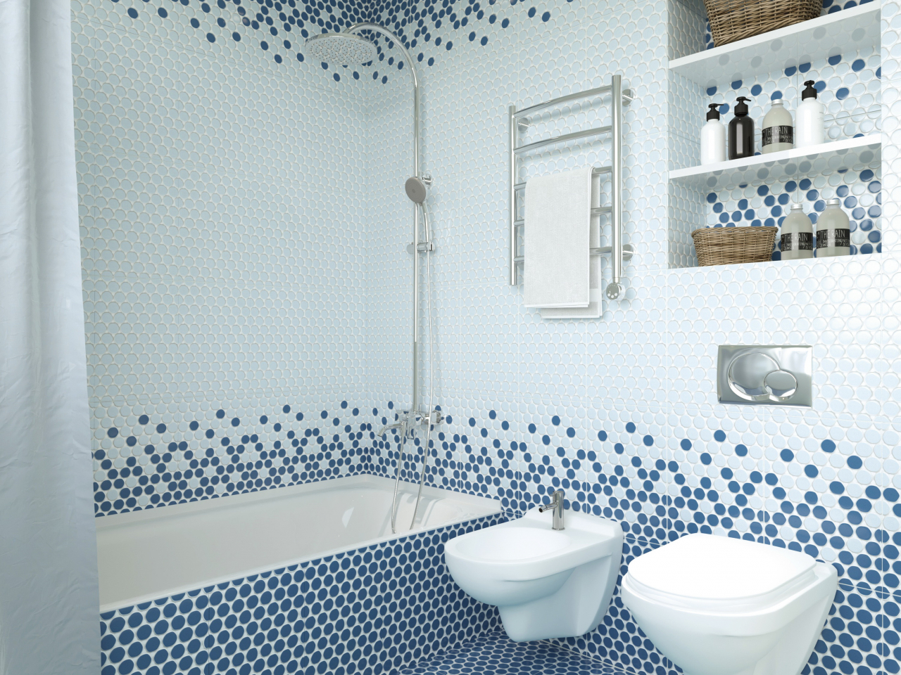 Дизайн плитки в маленькой ванной голубой