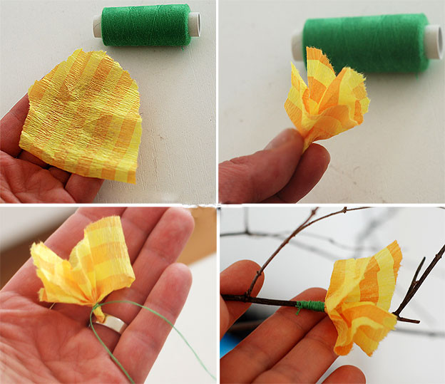 Подготовка маленьких бумажных цветочков из гофрированной бумаги