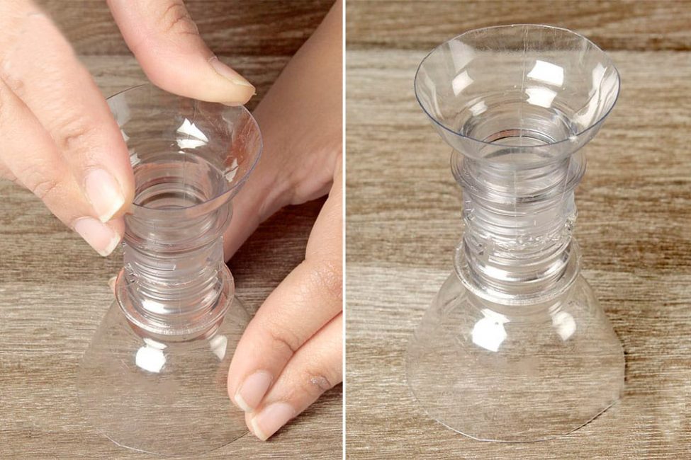 Разрежьте одну бутылку в 7 сантиметрах от горлышка, а другую в 2-3 см