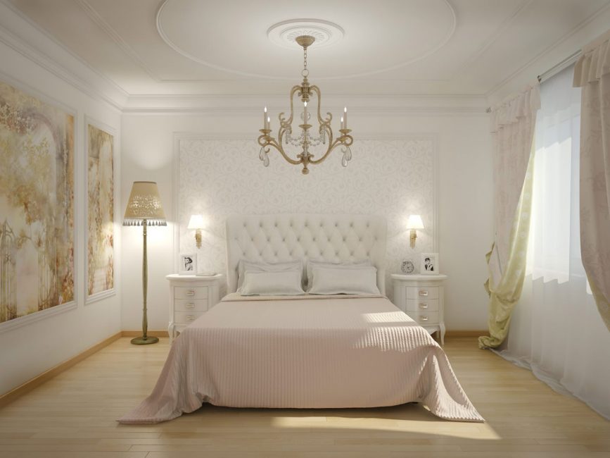 Кровать в классическом интерьере предполагает декоративное резное изголовье