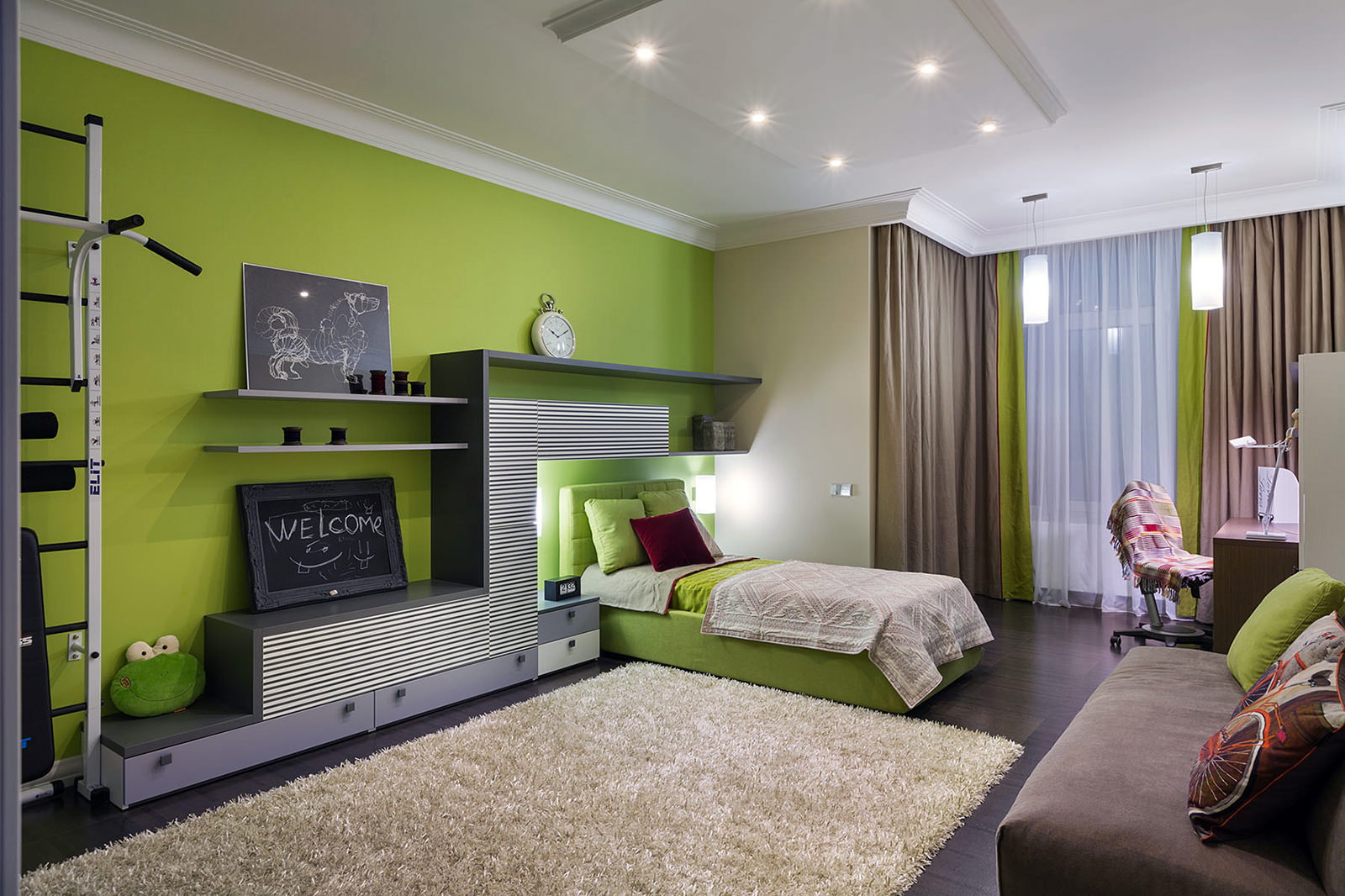 Светло зеленые обои в интерьере спальни