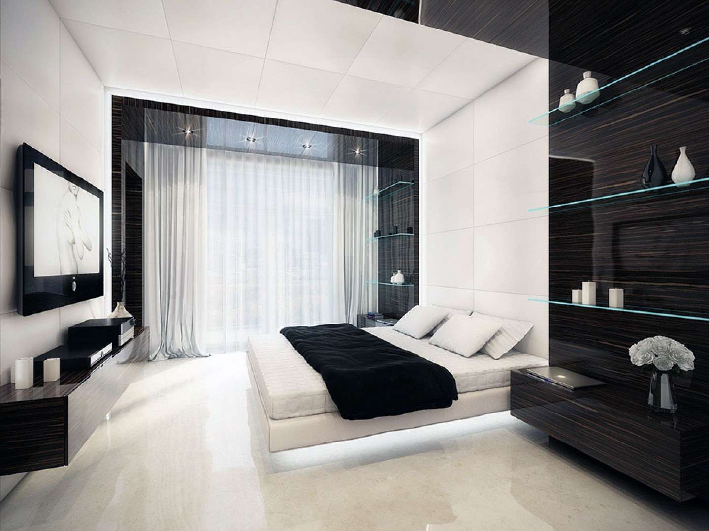 Crna i bijela spavaća soba - unutrašnjost ili stil sobe, izazivajući tradicionalni dizajn stana