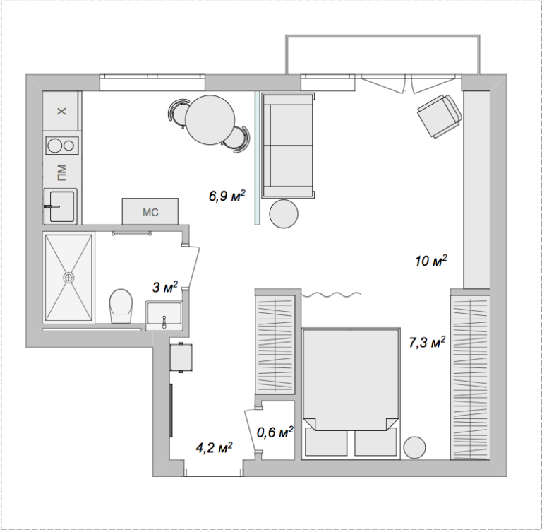 Ремонт в крошечной однушке с кухней, гостиной, спальней и системой хранения