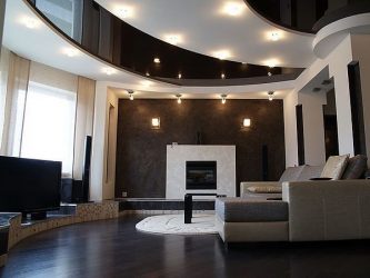 Двухуровневые потолки в зале:  Материалы, интересные сочетания, идеи по дизайну (135+ Фото)