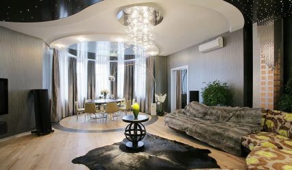 Двухуровневые потолки в зале:  Материалы, интересные сочетания, идеи по дизайну (135+ Фото)