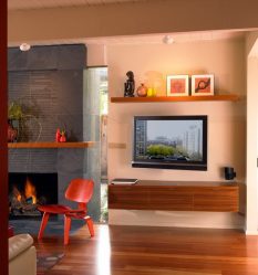 Полка для телевизора на стену (295+ Фото): Нюансы оформления (навесная, угловая, стеклянная)