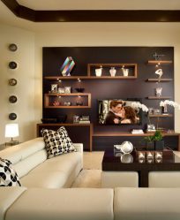 Полка для телевизора на стену (295+ Фото): Нюансы оформления (навесная, угловая, стеклянная)